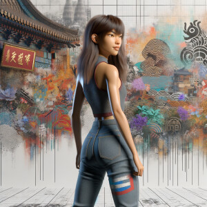 Athletic Thin skinny Attractive, Asian teenage girl, long brown hair and bangs, wearing tight skinny jeans and a halter top paint marks on her clothing, heroic pose Asian graffiti background, backside view