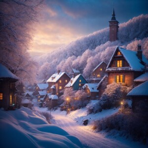 Snowy village in the style of Thomas Kincade