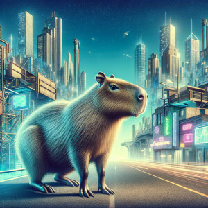 A cyber punk style capybara in a city