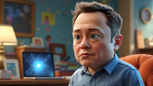 Baby Elon Musk, in pixar and satirical art style