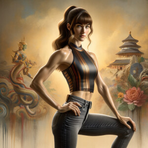 Athletic Thin skinny Attractive, Asian teenage girl, long brown hair and bangs, wearing tight skinny jeans and a halter top paint marks on her clothing, heroic pose Asian graffiti background, backside view