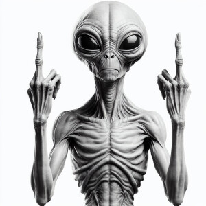 E.T  holidind up the middle finger on both hands,ultra-detailed...