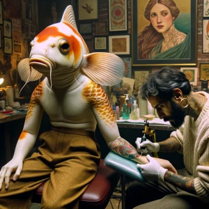 "Depict an anthropomorphic female koi fish seated in a tattoo pa...