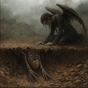 a powerful scene where a demon is lying just beneath the dirt, w...