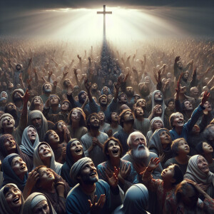 huge crowd looking up and pointing to the cross. Some are happy...