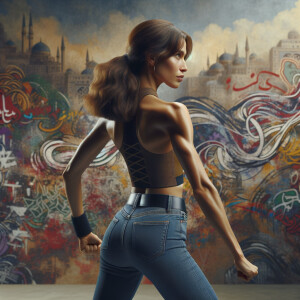 Athletic Thin skinny Attractive, Asian teenage girl, long brown hair and bangs, wearing tight skinny jeans and a halter top paint marks on her clothing, heroic pose Asian graffiti background, backside view