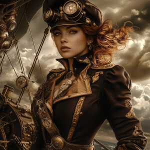 Steampunk airship pirate captain portrait, woman with tousled au...