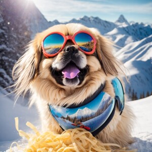 A happy Pekingese with sunglasses that show a reflection of past...
