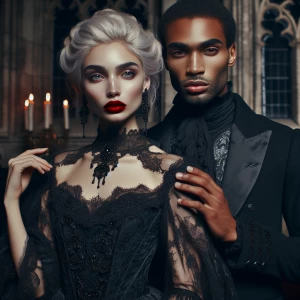 A mysterious couple poised before a massive, candlelit hearth in a grand manor. The woman’s gown flows around her feet as she gazes into the distance, her red lips contrasting with her dark attire. The man, dressed in a tailored black frock coat, rests one hand gently on her shoulder, his piercing eyes meeting the viewer’s gaze as shadows dance on the ornate walls