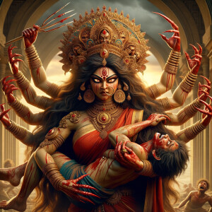 portrait of angry looking goddess durga  carrying a weak mahishasur in her arms and poking him with her amazingly long red fingernails. She is wearing a huge gold crown, red saree, abundant  gold jewelry, covered in blood. The scene is set in ancient India. The image is 8K resolution, cinematic, ultra detailed face and epic.