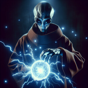 An extraterrestrial wizard delightfully manipulating a shimmerin...