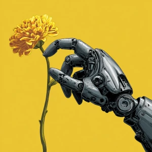 the robot's metal finger touches the yellow petals of the flower...