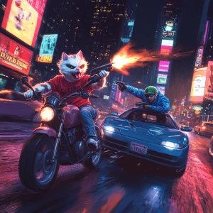 Create an image of a humanoid cat character on a motorcycle in a...