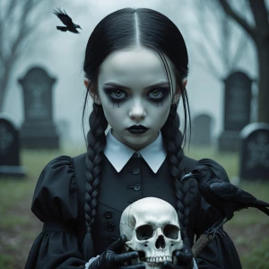 A gothic young girl with pale skin and long, sleek black braids,...