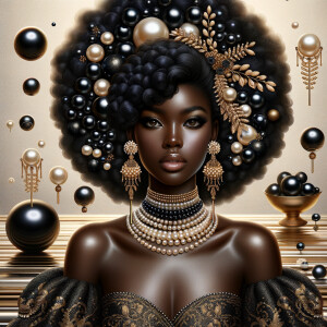 Imagine a digital portrait of a light skinned African-American Latino regal woman named KAREN Her attire and accessories are exclusively adorned with black and gold pearls. They grace her voluminous hair, styled in an elegant updo, where the black pearls form the roots and the gold pearls create the stunning curls. Her ears boast chandelier earrings, with black pearls clustered at the top, transitioning to gold pearls that dangle with delicate grace. Around her neck, a tiered necklace cascades with strands of alternating black and gold pearls, reflecting a sophisticated contrast.

Her shoulders are draped with a luxurious off-shoulder gown, the fabric's weave incorporating intricate patterns formed by black and gold pearls. The gown's texture has a subtle sheen, suggesting a high-quality material with a pearlescent finish. As a centerpiece, a grand brooch sits at her collar, with a large gold pearl surrounded by an elaborate design of smaller black pearls.

The background of the portrait features an abstract composition of floating pearls, swirling in a dance of shadows and light, emphasizing the color theme of black and gold. The name "KAREN" is discreetly integrated into the lower right corner of the artwork, blending seamlessly with the design, as if it were a signature part of the jewelry ensemble. The overall effect is one of timeless elegance, a blend of modern design and classic beauty, all tied together by the luxurious palette of black and gold.