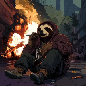 Sloths slerf meme..smoking a cigarette in street clothes while t...