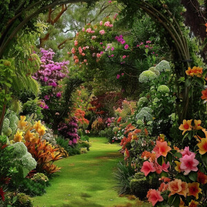 Describe the serene beauty of a well-tended garden filled with c...
