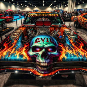 A classic muscle car with a vibrant, multicolored paint job feat...