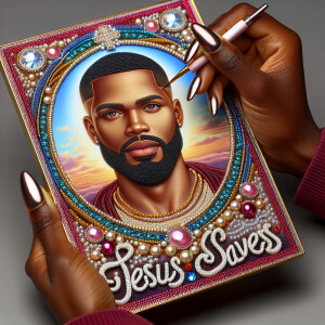 A 3D realistic artwork featuring the phrase 'Jesus Saves' adorne...