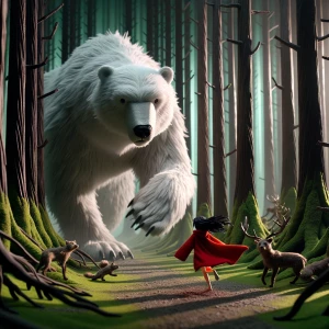 A giant white bear running after a girl in a forest