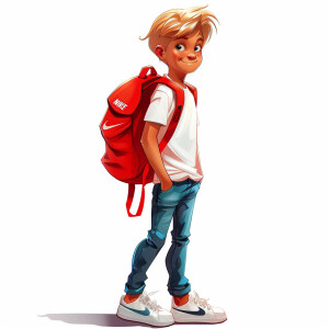 Blonde boy of 13 years old. Wearing white Nike sneakers, blue je...