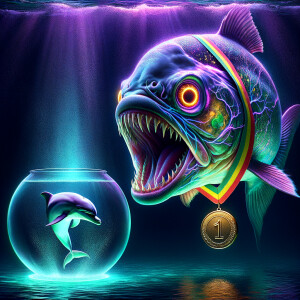 Realistic
Ocean
Purple neon green piranha wearing a 1st place m...