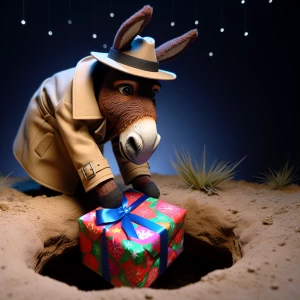 a detective donkey hides a christmas gift into a hole