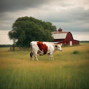 Realistic photograph of wide view of a country scene with cows i...