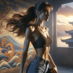 Athletic Thin skinny Attractive, Asian teenage girl, long brown hair and bangs, wearing tight skinny jeans and a halter top paint marks on her clothing, heroic pose Asian graffiti background, side view