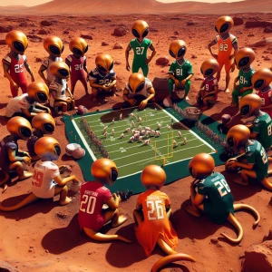 Martians in the red planet preparing for the superbowl on Sunday between Philadelphia and Kansas City. Show them in Jerseys for both teams