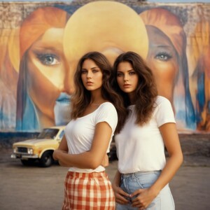 A color film photograph from 1973 of two beautiful 23-year-old b...