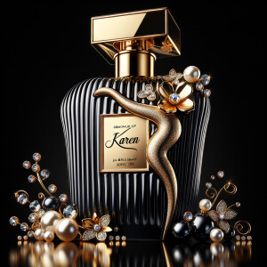 Design a fancy, black and gold bottle of perfume in the shape of a woman’s body. With a golden diamond top, flowers pearls and Diamonds in the name, Karen