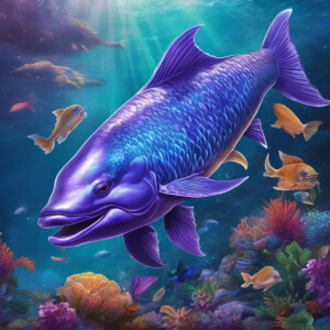 A purple piranha winning a fight with a blue dolphin