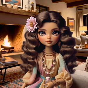 Create an image of a stylized, Latino doll-like girl seated in a...