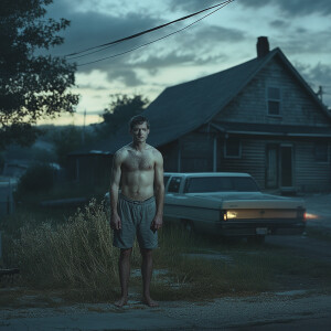 man, dynamic pose, captured by Gregory Crewdson using a Hasselbl...