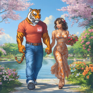 Create an image of a muscular, anthropomorphic male tiger in blu...