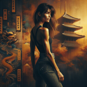 Athletic Thin skinny Attractive, Asian teenage girl, long brown hair and bangs, wearing tight skinny jeans and a halter top paint marks on her clothing, heroic pose Asian graffiti background, backside view