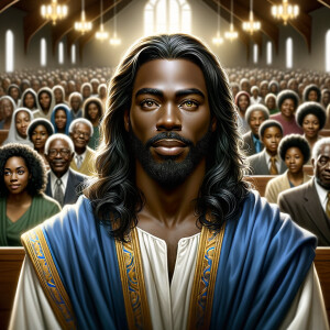 Illustrate an inspiring African-American Jesus crust with a dign...