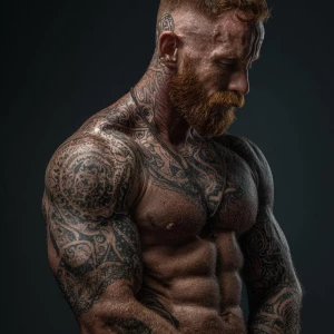 A muscular bodybuilder with ginger hair and a beard, his skin ad...