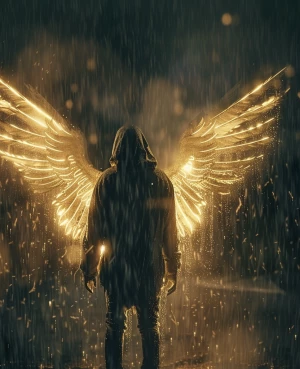 A powerful angel standing in the rain, glowing wings, cinematic...