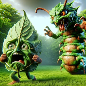 Illustrate an anthropomorphic leaf with a terrified expression f...