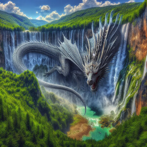 A large waterfall, a dragon emerging from the waterfall