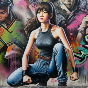 teenage girl, long brown hair and bangs, wearing tight skinny jeans and a halter top paint marks on her clothing, heroic pose Asian graffiti background, nearing on one knee