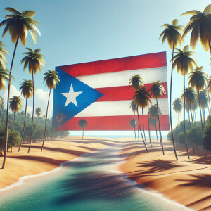 3d Puerto Rican flag beach background surrounded by palm trees