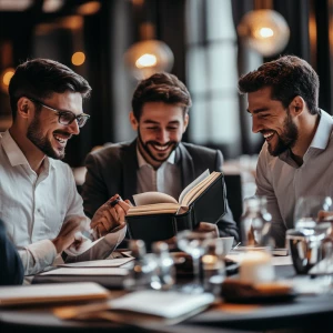 Image of 3 guys and 1 girl at a conference in a 5 star banquet w...