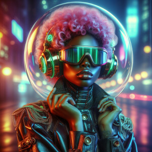 an African American woman with short, wavy pink hair, wearing la...