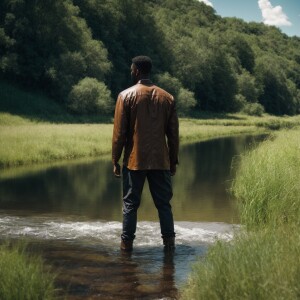 A black man stands in a grassy field, near a mighty river stream...