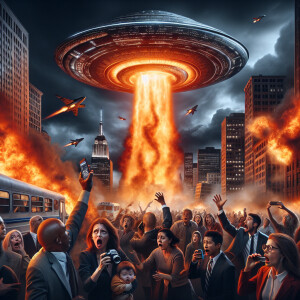 A fiery UFO wreaking havoc upon a bustling city, the scene is ab...