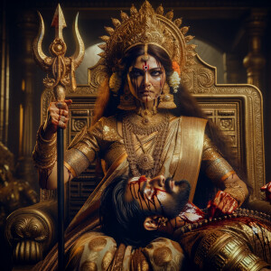portrait of angry looking goddess durga sitting on a gold crown...