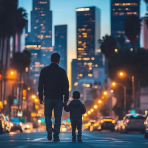 A father and son walking together down a bustling Los Angeles st...